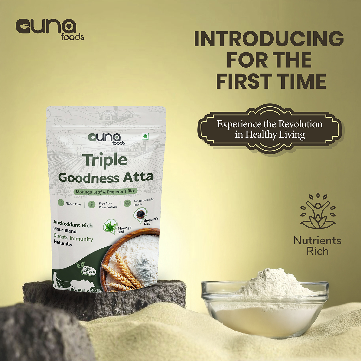 Guna Foods Triple Goodness Atta – Moringa Leaf & Emperor’s Rice Blend | Healthy Wheat Flour | No Artificial Preservatives | Daily Nutrition Atta || 8939136153682