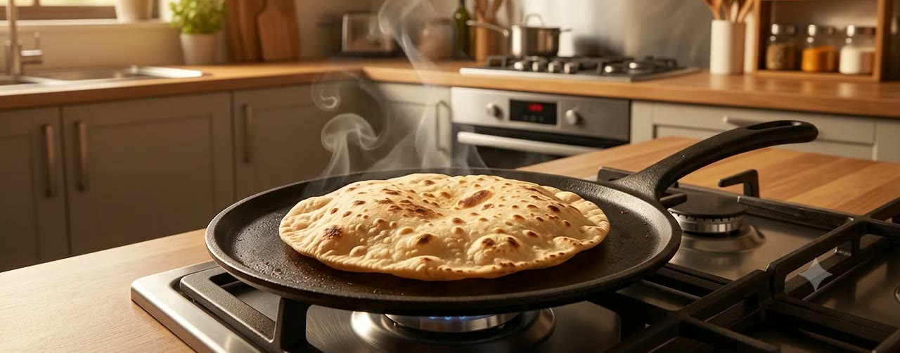 A chapati steaming on the tawa — tap it to watch it puff